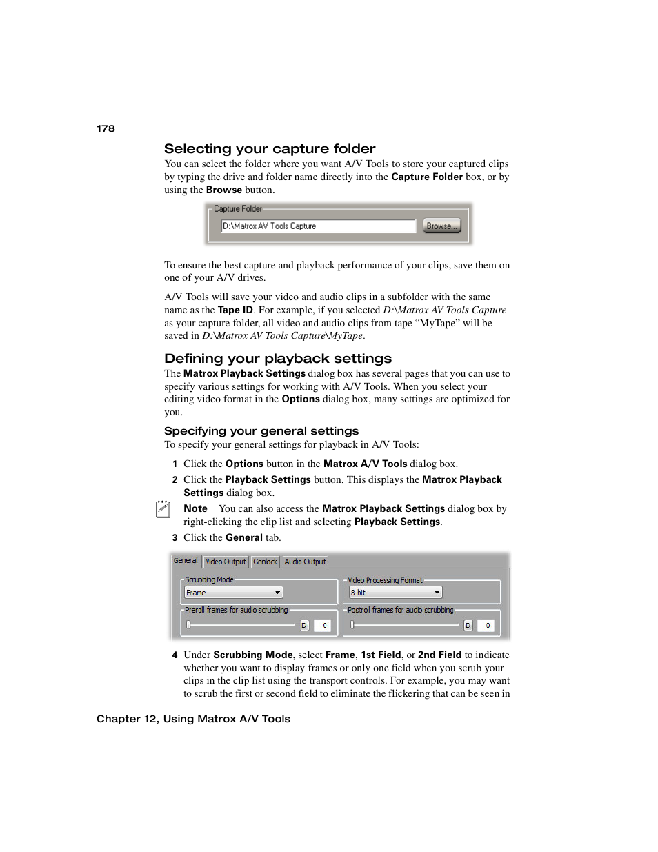 Selecting your capture folder, Defining your playback settings | Matrox MXO2 PCIe Host Adapter User Manual | Page 202 / 388