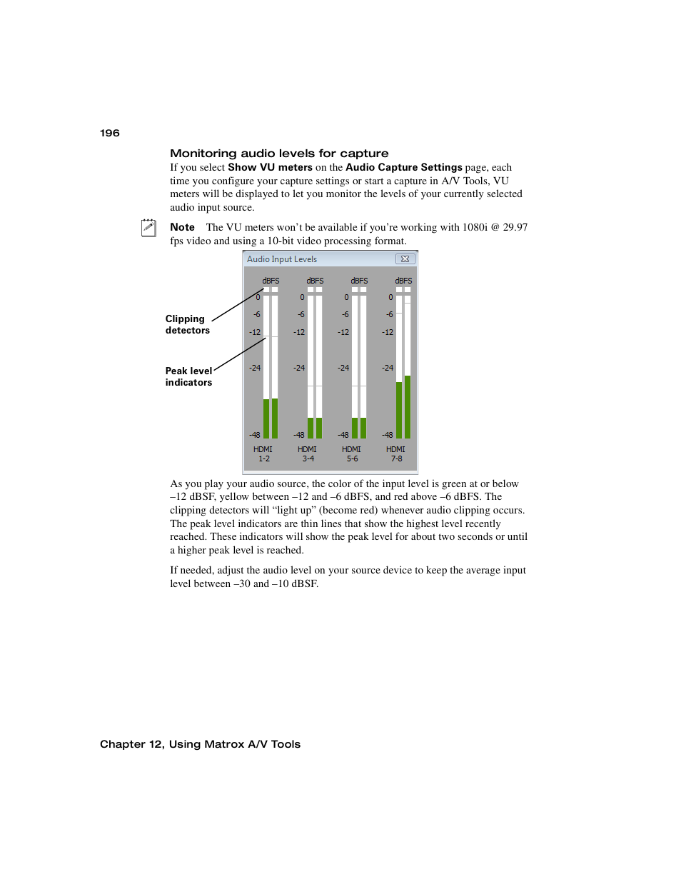 Monitoring audio levels for capture | Matrox MXO2 PCIe Host Adapter User Manual | Page 220 / 388