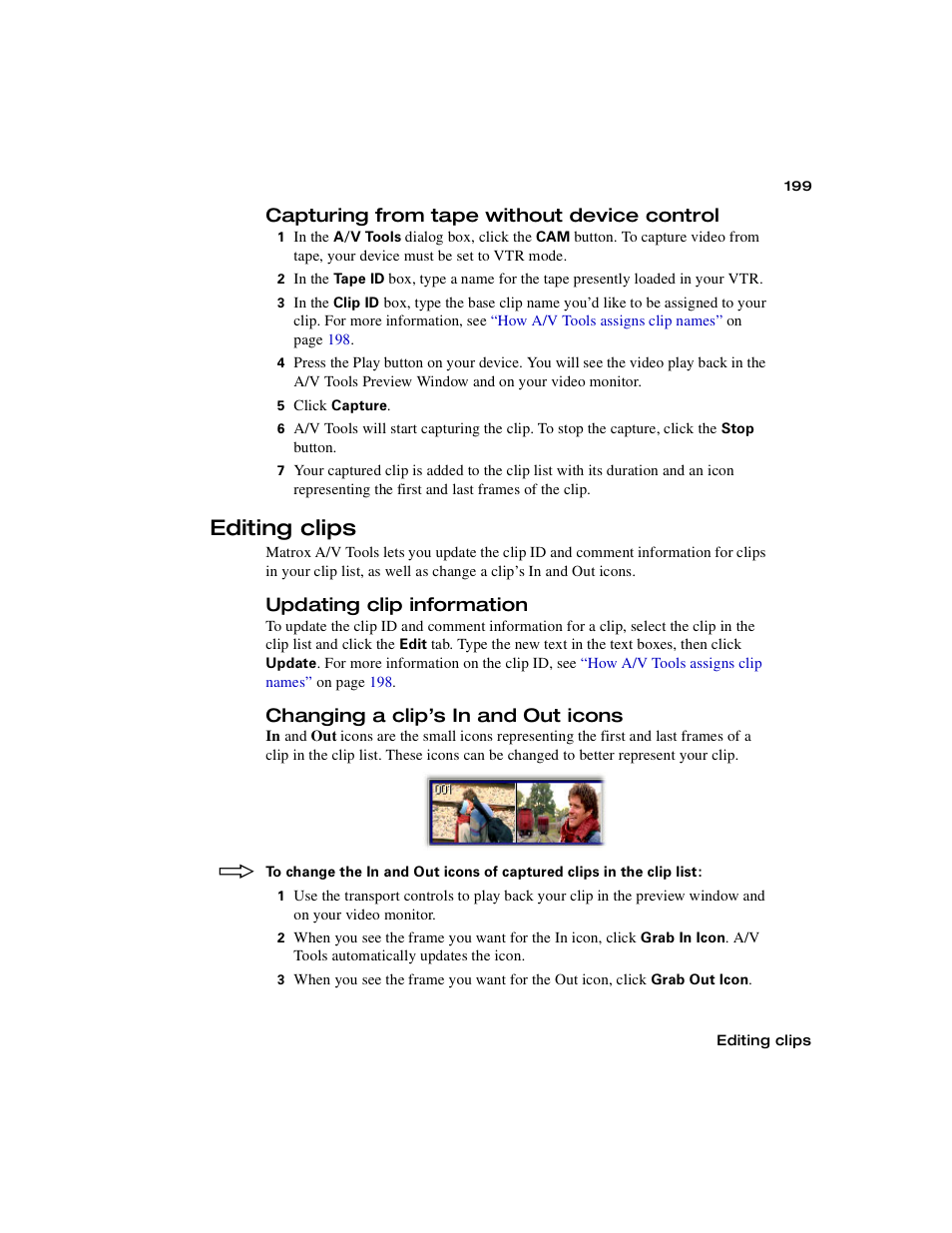 Capturing from tape without device control, Editing clips, Updating clip information | Changing a clip’s in and out icons | Matrox MXO2 PCIe Host Adapter User Manual | Page 223 / 388