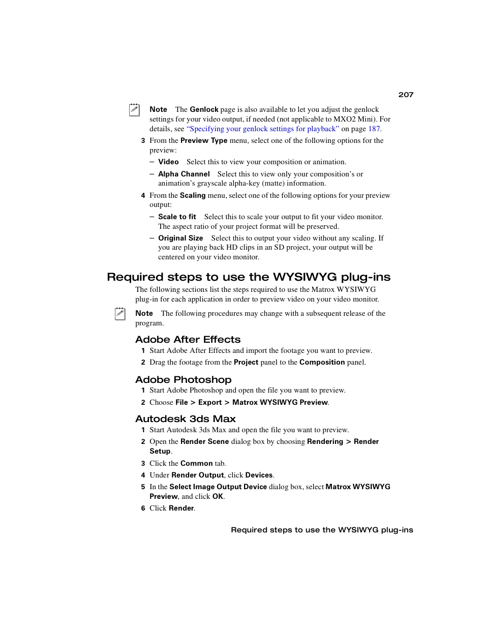 Required steps to use the wysiwyg plug-ins, Adobe after effects, Adobe photoshop | Autodesk 3ds max | Matrox MXO2 PCIe Host Adapter User Manual | Page 231 / 388