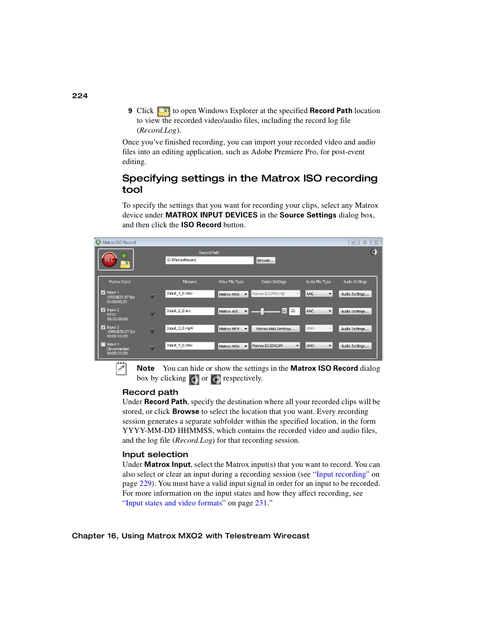 Specifying, Settings in the matrox iso recording tool | Matrox MXO2 PCIe Host Adapter User Manual | Page 248 / 388