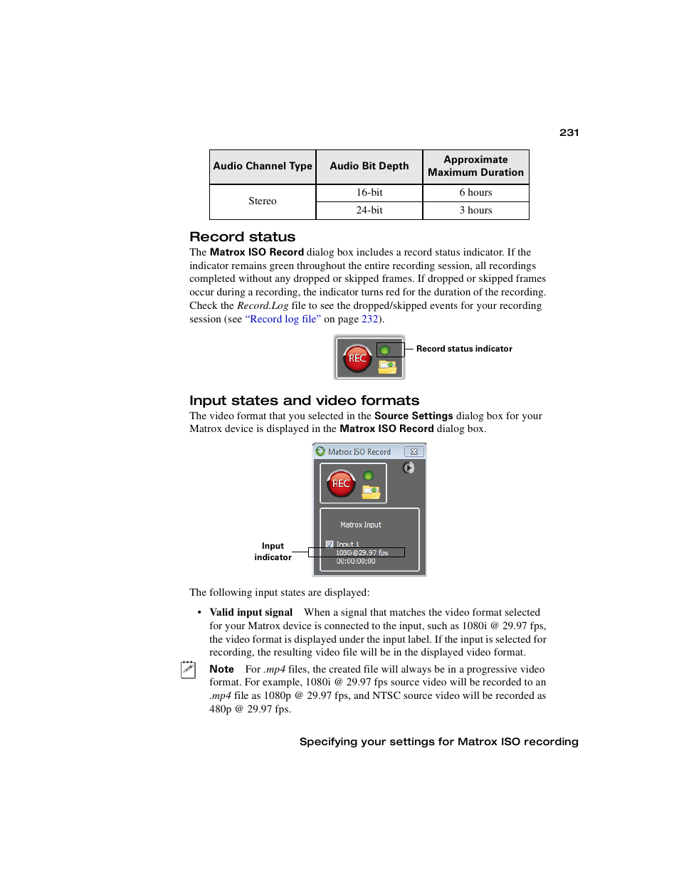 Record status, Input states and video formats, For i | Matrox MXO2 PCIe Host Adapter User Manual | Page 255 / 388