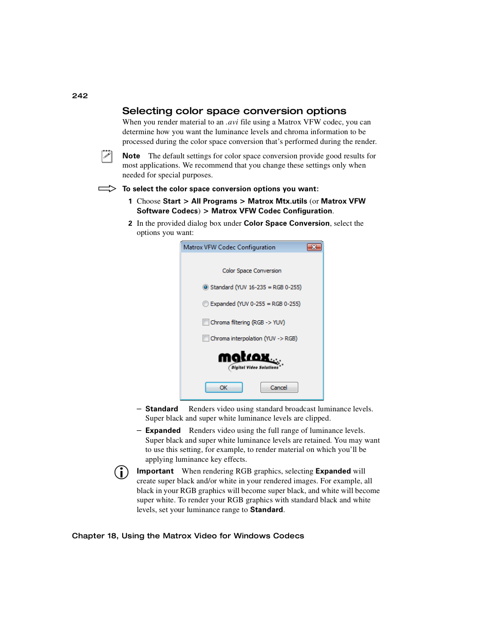 Selecting color space conversion options | Matrox MXO2 PCIe Host Adapter User Manual | Page 266 / 388