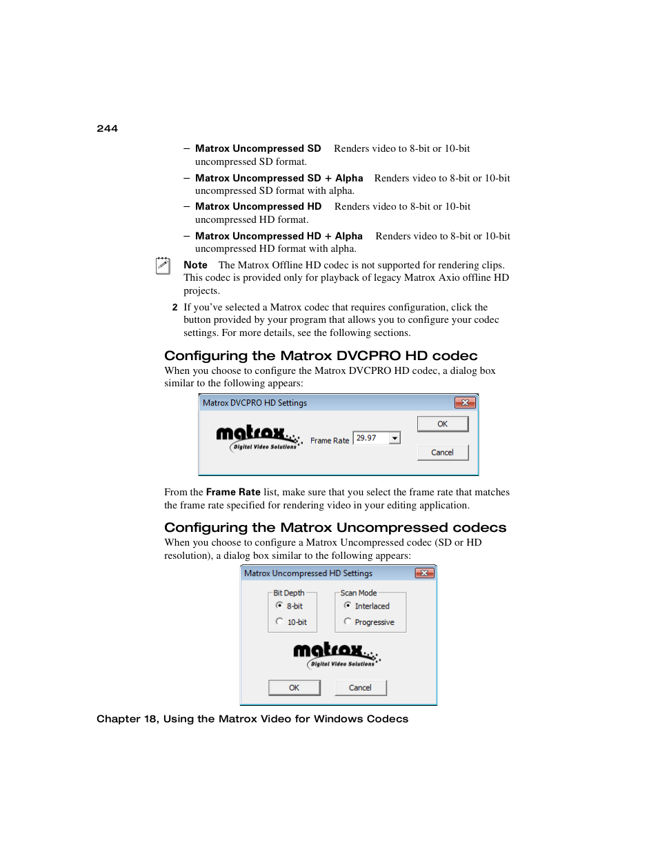 Configuring the matrox dvcpro hd codec, Configuring the matrox uncompressed codecs | Matrox MXO2 PCIe Host Adapter User Manual | Page 268 / 388