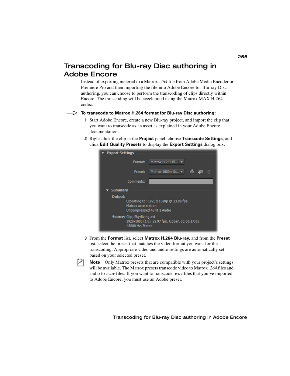 Transcoding for blu-ray disc authoring in adobe, Encore | Matrox MXO2 PCIe Host Adapter User Manual | Page 279 / 388