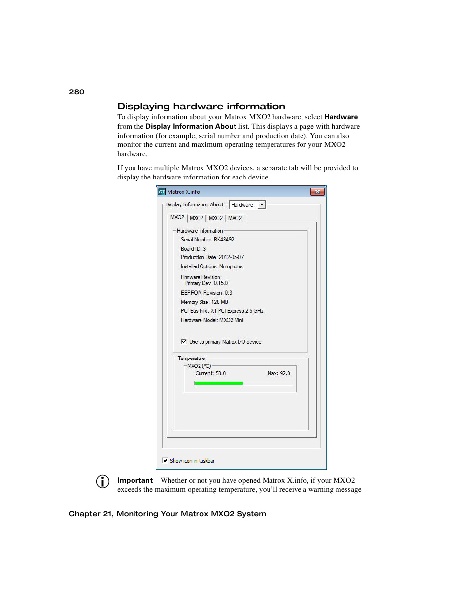 Displaying hardware information | Matrox MXO2 PCIe Host Adapter User Manual | Page 304 / 388