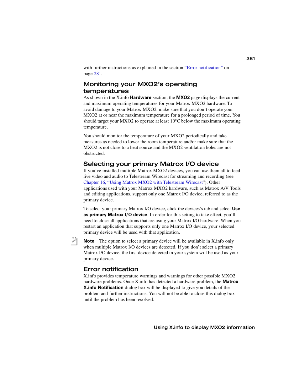 Monitoring your mxo2’s operating temperatures, Selecting your primary matrox i/o device, Error notification | Selecting your primary matrox i/o, Device | Matrox MXO2 PCIe Host Adapter User Manual | Page 305 / 388