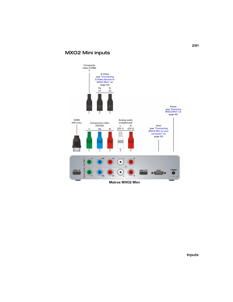 Mxo2 mini inputs, Inputs, Matrox mxo2 mini | Matrox MXO2 PCIe Host Adapter User Manual | Page 315 / 388