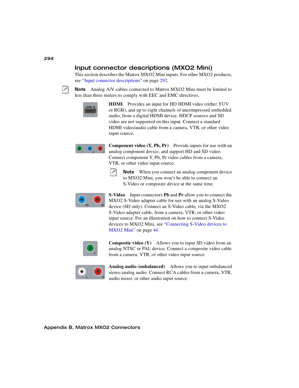 Input connector descriptions (mxo2 mini) | Matrox MXO2 PCIe Host Adapter User Manual | Page 318 / 388