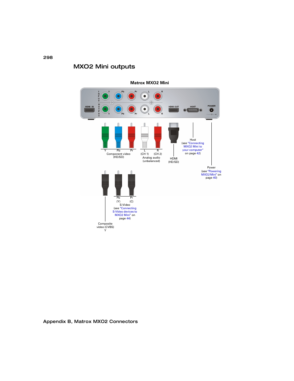 Mxo2 mini outputs, Appendix b, matrox mxo2 connectors, Matrox mxo2 mini | Matrox MXO2 PCIe Host Adapter User Manual | Page 322 / 388