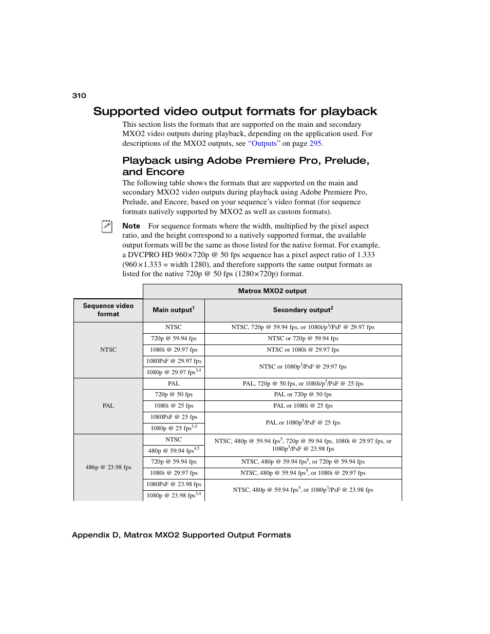 Supported video output formats for playback, Playback using, Adobe premiere pro, prelude, and encore | Playback using adobe premiere pro, Prelude, and encore, Playback using adobe premiere, Pro, prelude, and encore | Matrox MXO2 PCIe Host Adapter User Manual | Page 334 / 388