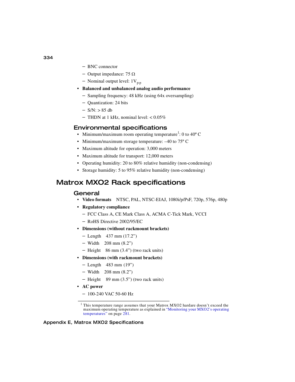 Environmental specifications, Matrox mxo2 rack specifications, General | Matrox MXO2 PCIe Host Adapter User Manual | Page 358 / 388