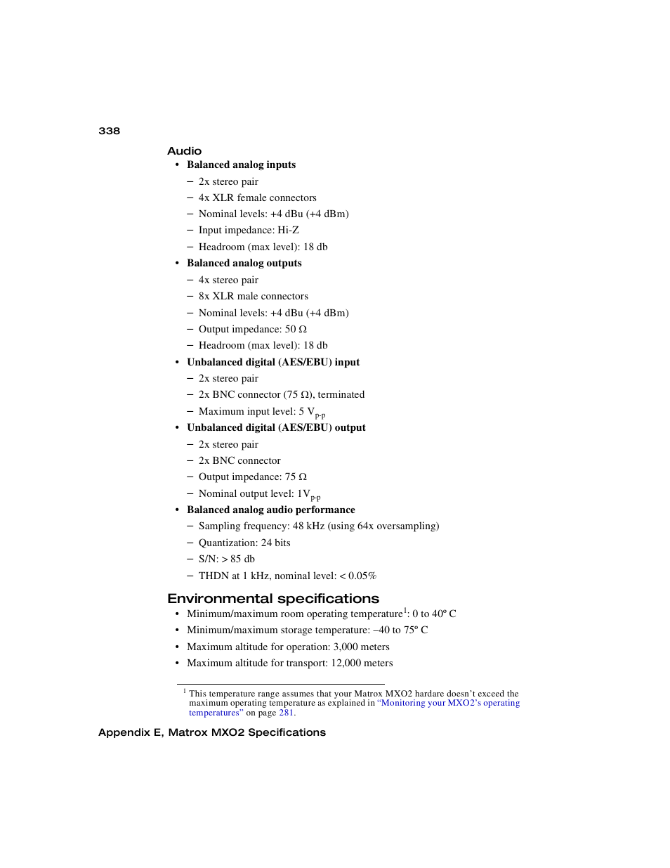 Environmental specifications | Matrox MXO2 PCIe Host Adapter User Manual | Page 362 / 388