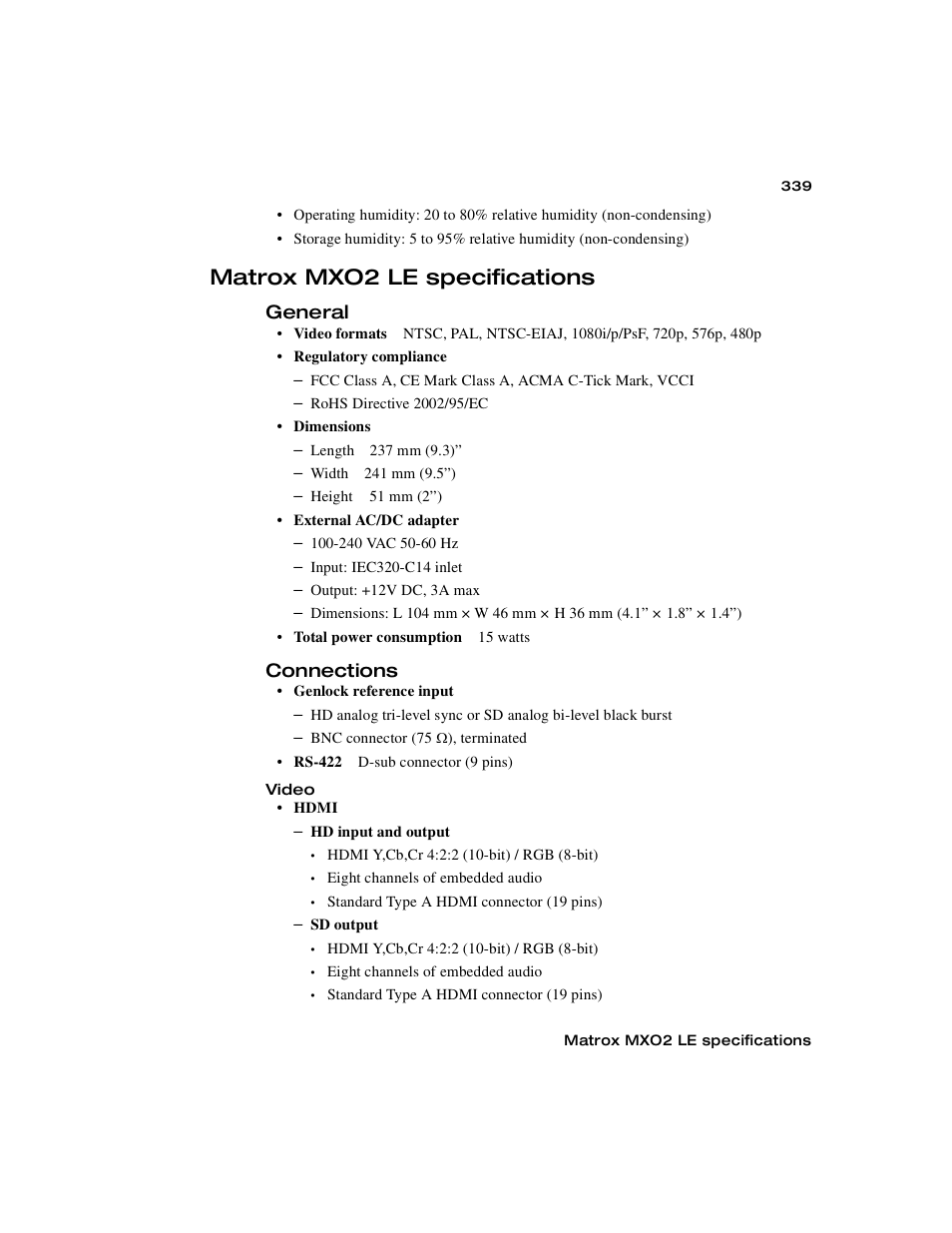 Matrox mxo2 le specifications, General, Connections | General connections | Matrox MXO2 PCIe Host Adapter User Manual | Page 363 / 388