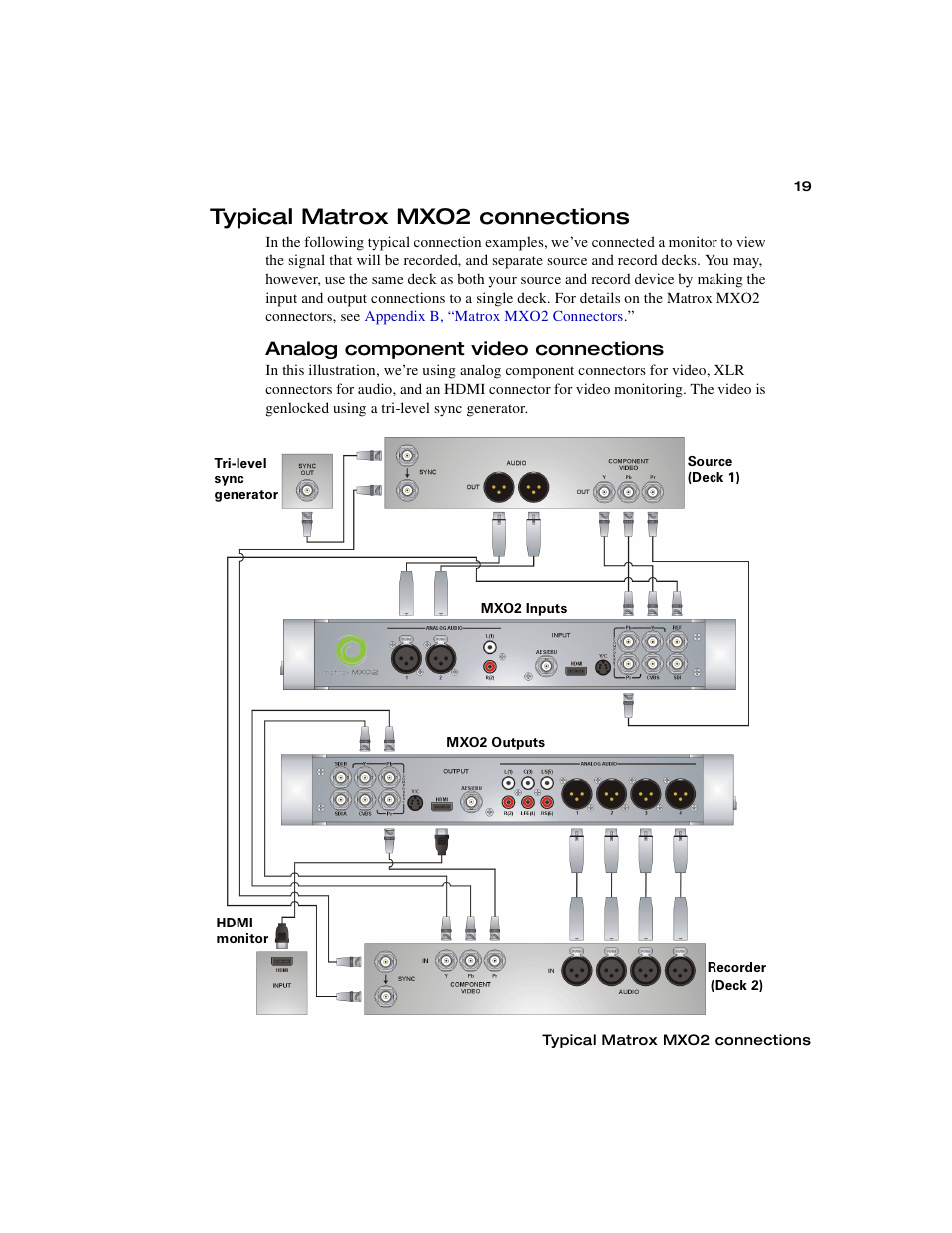 Typical matrox mxo2 connections, Analog component video connections | Matrox MXO2 PCIe Host Adapter User Manual | Page 43 / 388