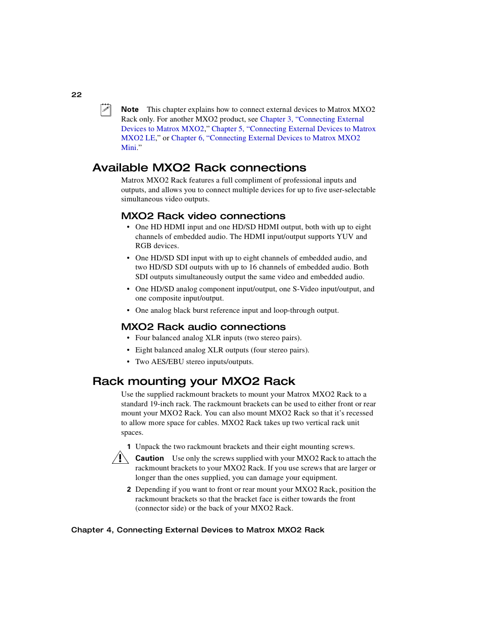 Available mxo2 rack connections, Mxo2 rack video connections, Mxo2 rack audio connections | Rack mounting your mxo2 rack | Matrox MXO2 PCIe Host Adapter User Manual | Page 46 / 388