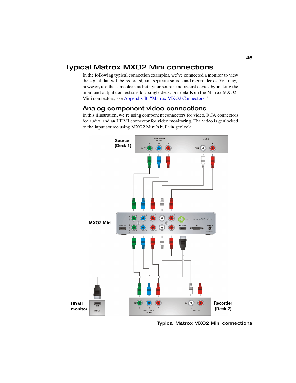 Typical matrox mxo2 mini connections, Analog component video connections | Matrox MXO2 PCIe Host Adapter User Manual | Page 69 / 388