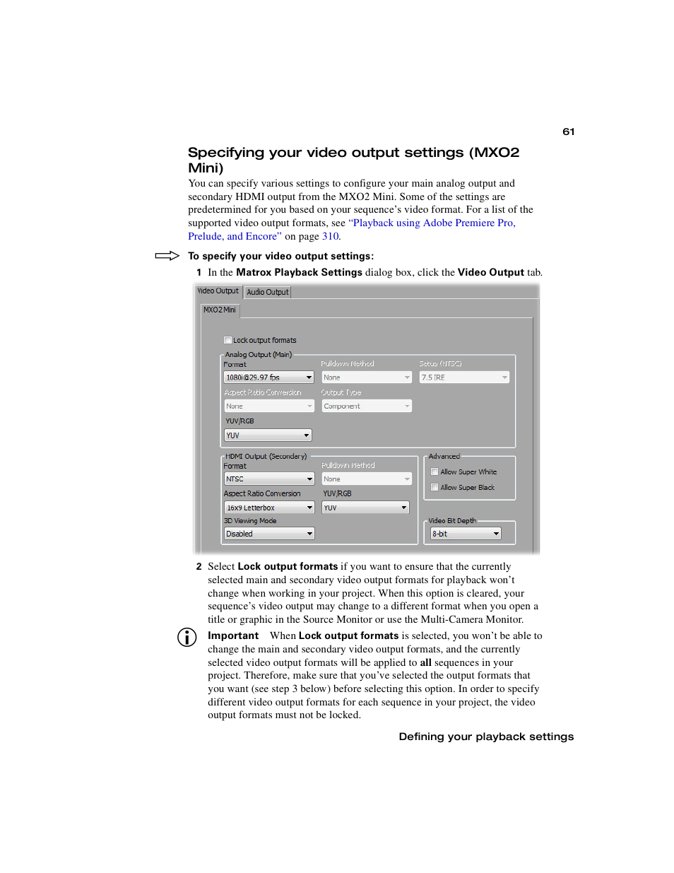 Specifying your video output settings (mxo2 mini), Specifying your video output settings (mxo2, Mini) | Specifying your, Video output settings (mxo2 mini) | Matrox MXO2 PCIe Host Adapter User Manual | Page 85 / 388