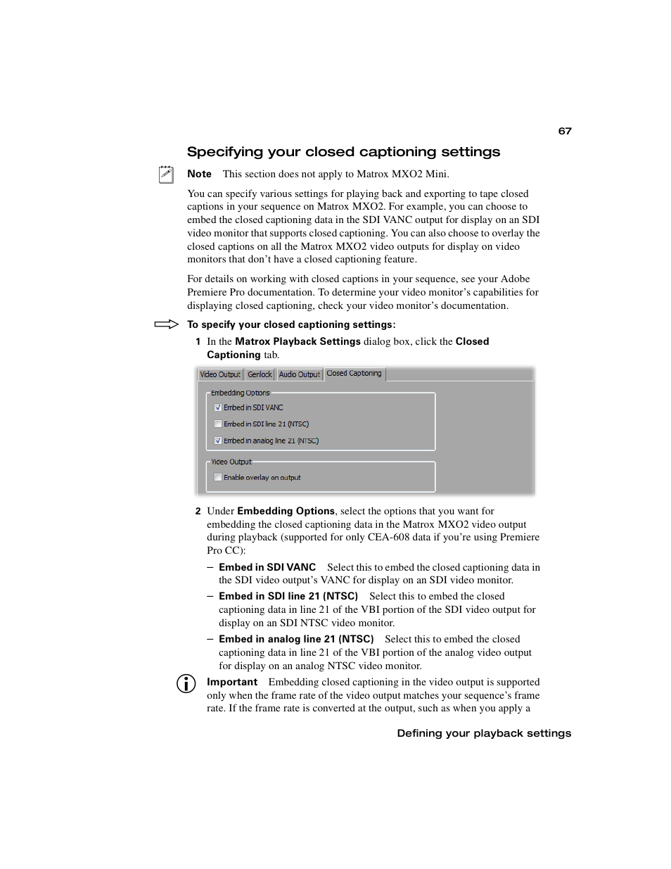 Specifying your closed captioning settings | Matrox MXO2 PCIe Host Adapter User Manual | Page 91 / 388