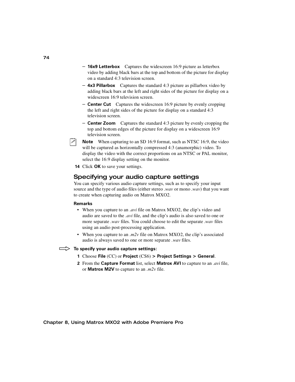 Specifying your audio capture settings | Matrox MXO2 PCIe Host Adapter User Manual | Page 98 / 388