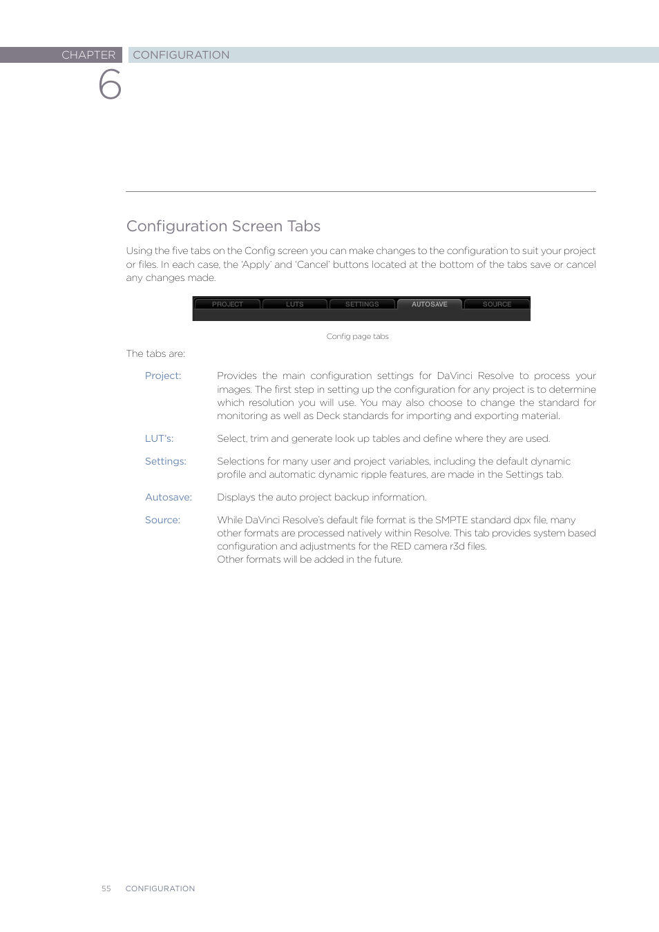 Configuration screen tabs | Blackmagic Design DaVinci Resolve Advanced Panel User Manual | Page 55 / 435