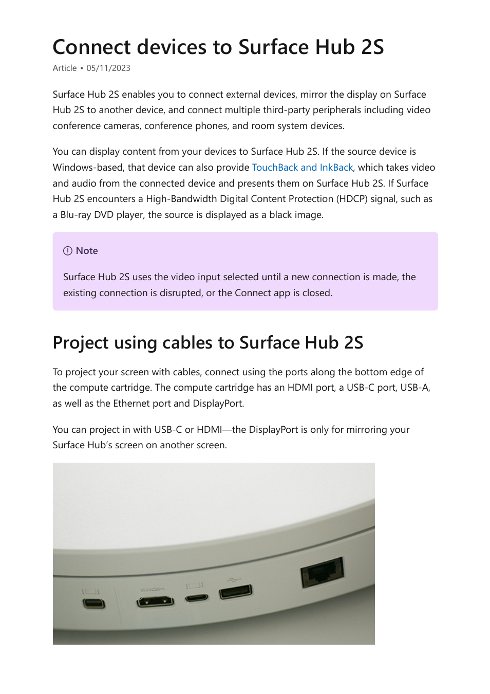 Connect devices to surface hub 2s, Project using cables to surface hub 2s | Microsoft Surface Hub 2 SmCamera User Manual | Page 108 / 572