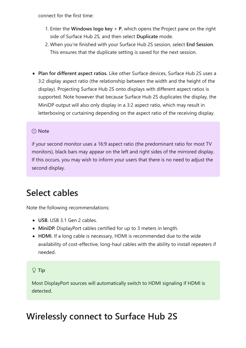 Select cables, Wirelessly connect to surface hub 2s | Microsoft Surface Hub 2 SmCamera User Manual | Page 112 / 572