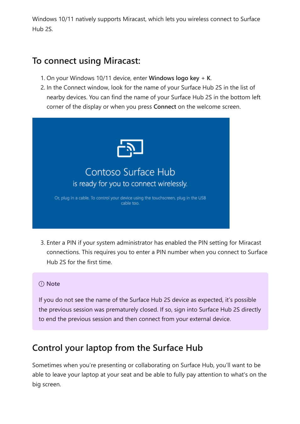 Control your laptop from the surface hub | Microsoft Surface Hub 2 SmCamera User Manual | Page 113 / 572