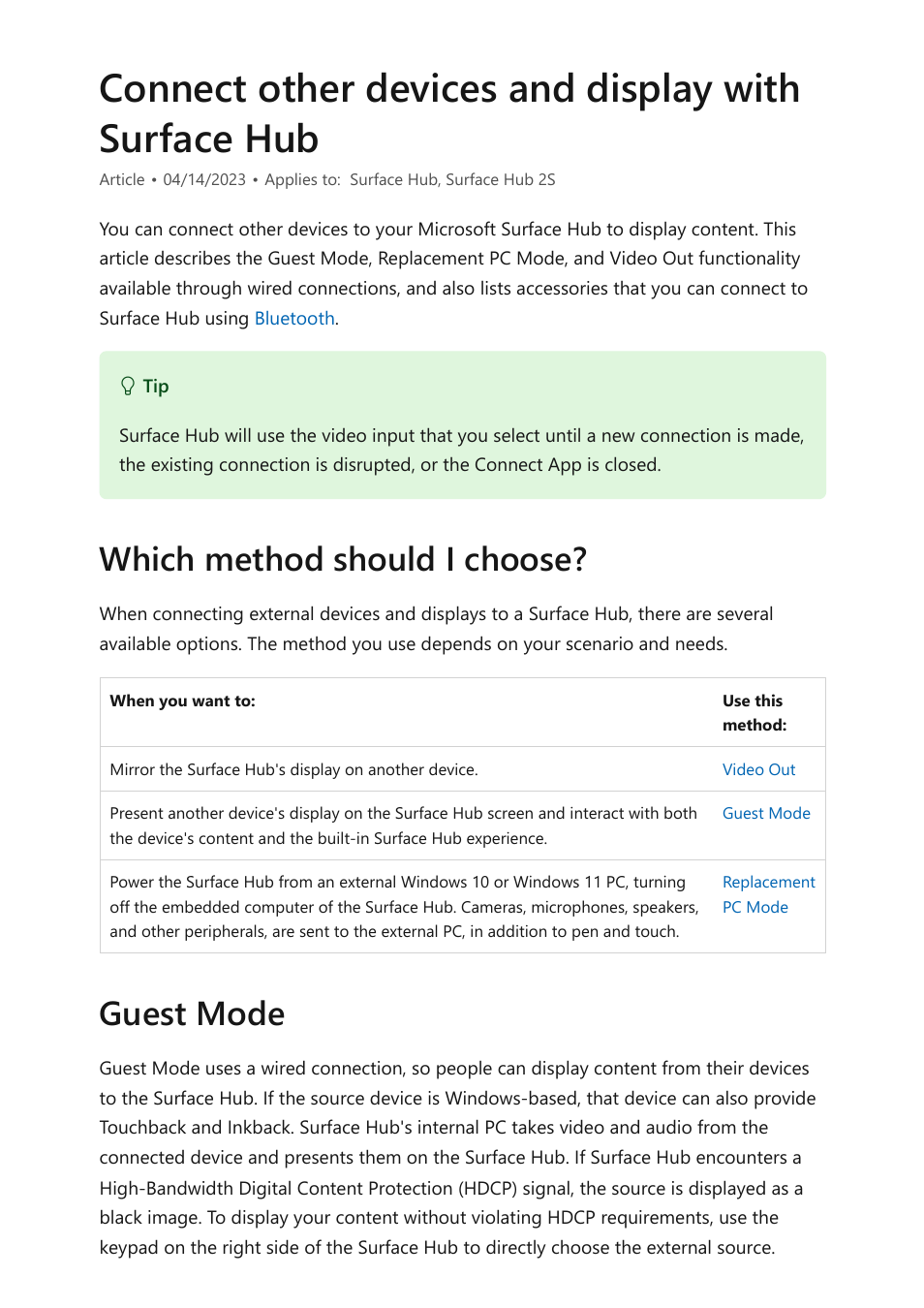 Connect other devices & display with surface hub, Connect other devices and display with surface hub, Which method should i choose? guest mode | Microsoft Surface Hub 2 SmCamera User Manual | Page 115 / 572