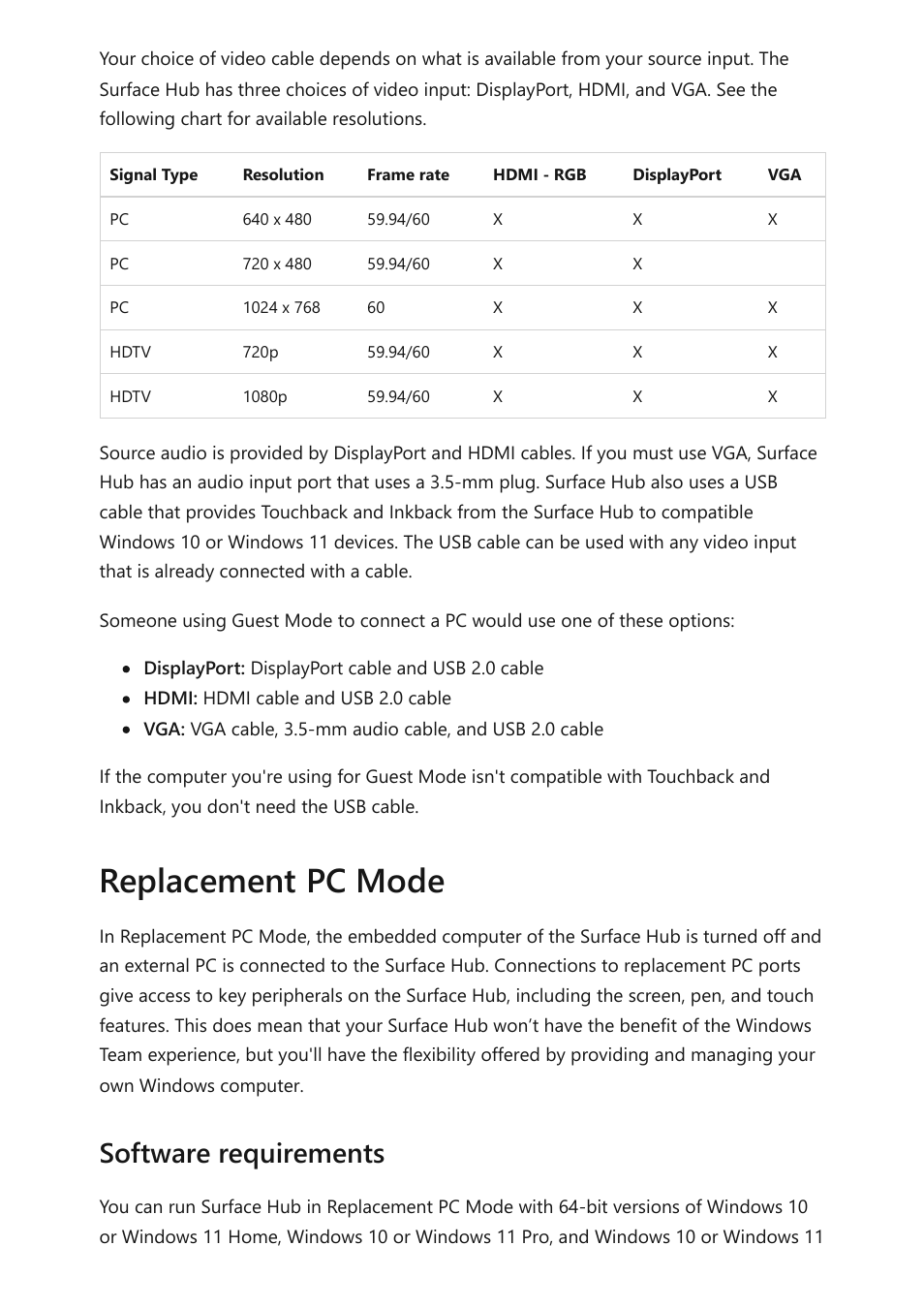 Replacement pc mode, Software requirements | Microsoft Surface Hub 2 SmCamera User Manual | Page 118 / 572
