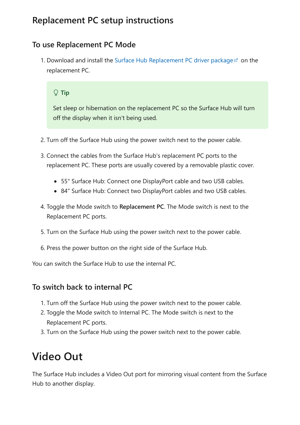 Video out, Replacement pc setup instructions | Microsoft Surface Hub 2 SmCamera User Manual | Page 121 / 572