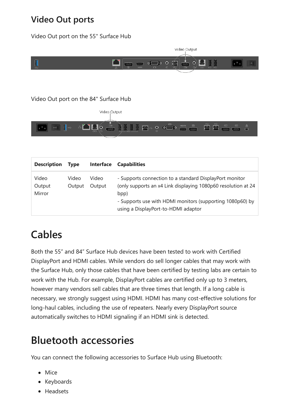 Bluetooth, Cables bluetooth accessories, Video out ports | Microsoft Surface Hub 2 SmCamera User Manual | Page 122 / 572