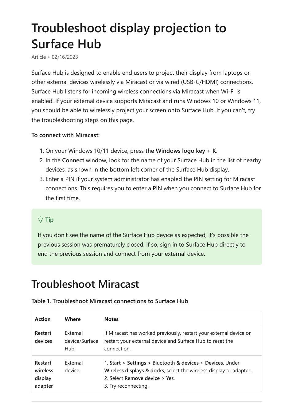 Troubleshoot display projection, Troubleshoot display projection on surface hub, Troubleshoot display projection to surface hub | Troubleshoot miracast | Microsoft Surface Hub 2 SmCamera User Manual | Page 126 / 572