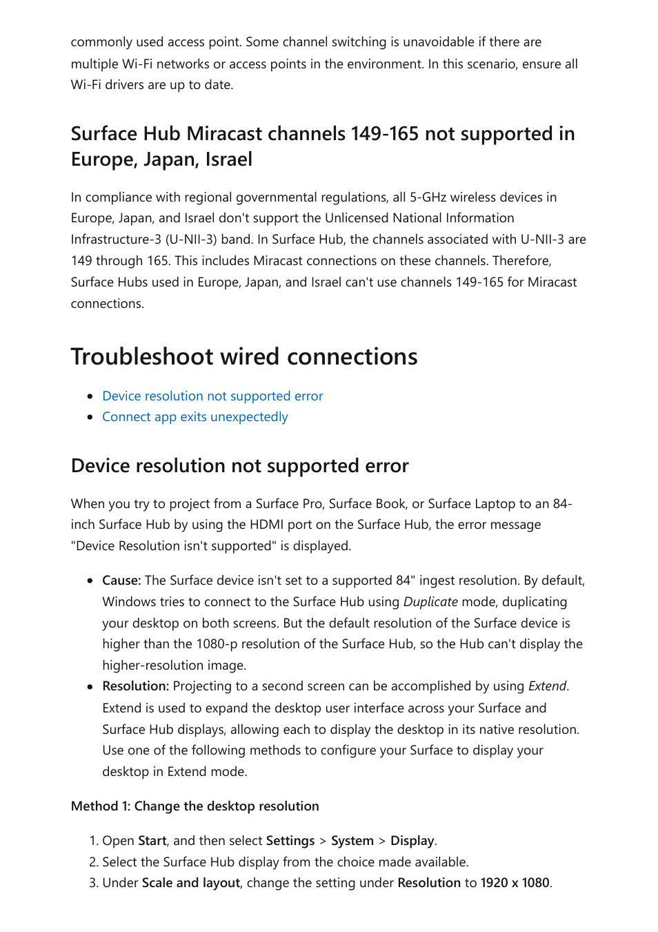 Troubleshoot wired connections, Device resolution not supported error | Microsoft Surface Hub 2 SmCamera User Manual | Page 129 / 572