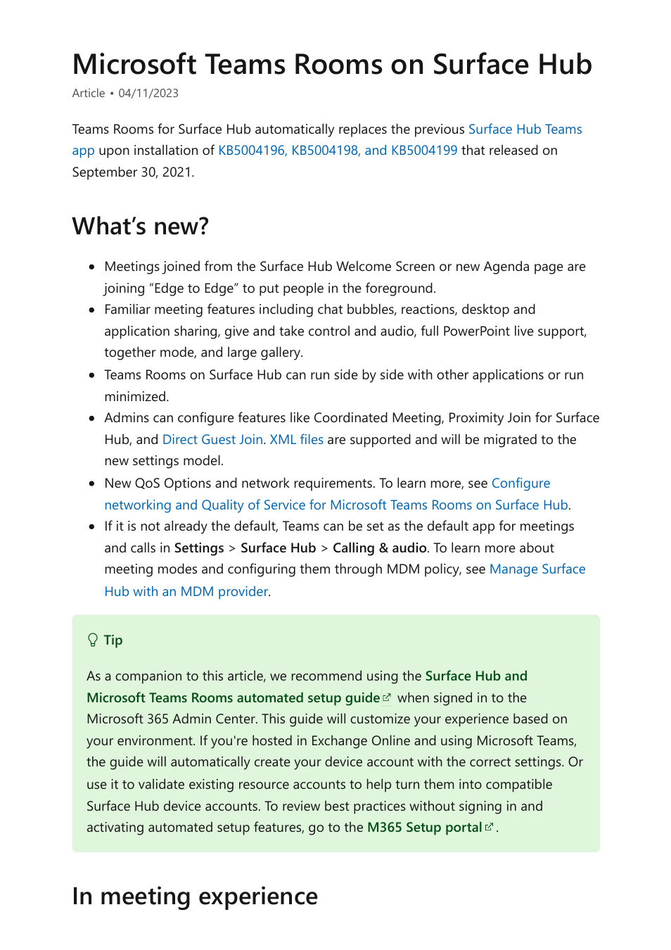 Microsoft teams rooms on surface hub, Teams rooms on surface hub, What’s new | Microsoft Surface Hub 2 SmCamera User Manual | Page 131 / 572