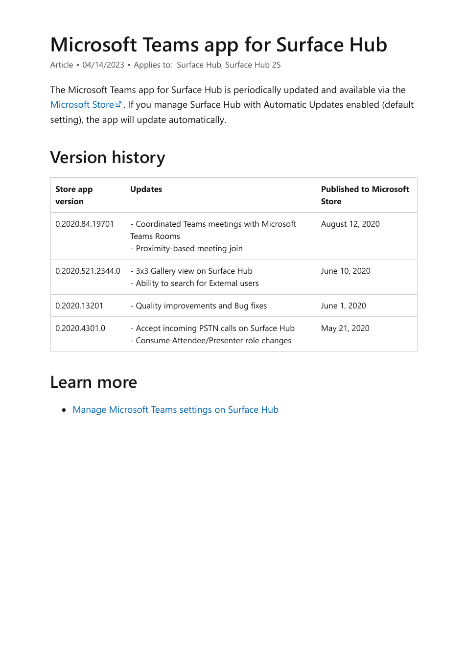 Surface hub teams app, Surface hub teams, Upon installation of | Kb5004196, kb5004198, and kb5004199, That released on, Microsoft teams app for surface hub, Version history learn more | Microsoft Surface Hub 2 SmCamera User Manual | Page 141 / 572