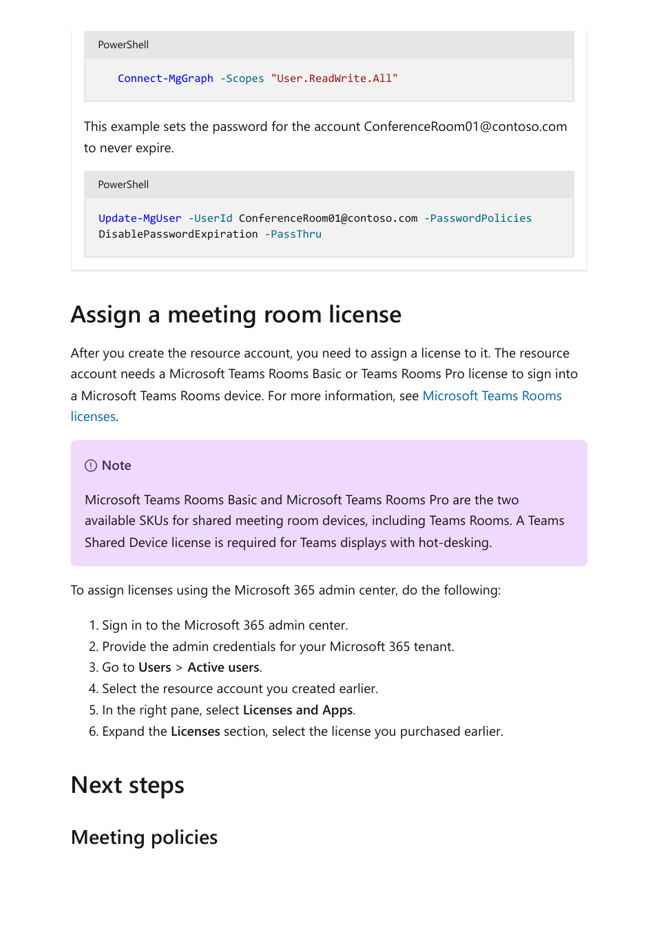 Assign a meeting room license, Next steps, Meeting policies | Microsoft Surface Hub 2 SmCamera User Manual | Page 152 / 572