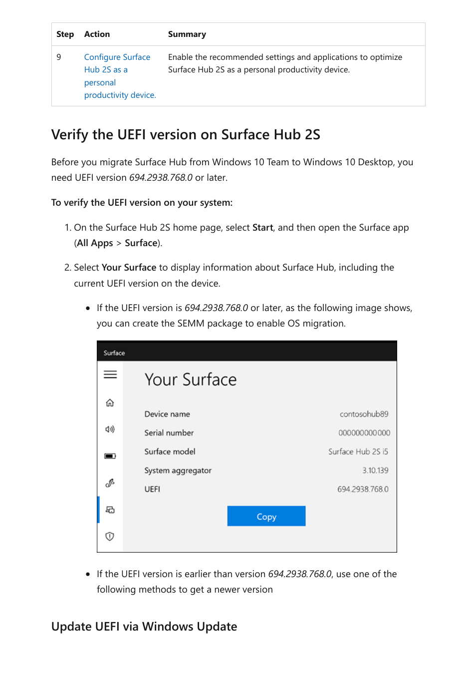 Verify the uefi version on the surface hub 2s, Verify the uefi version on surface hub 2s, Update uefi via windows update | Microsoft Surface Hub 2 SmCamera User Manual | Page 157 / 572