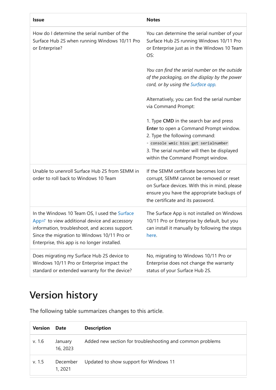 Article version history, Version history | Microsoft Surface Hub 2 SmCamera User Manual | Page 178 / 572