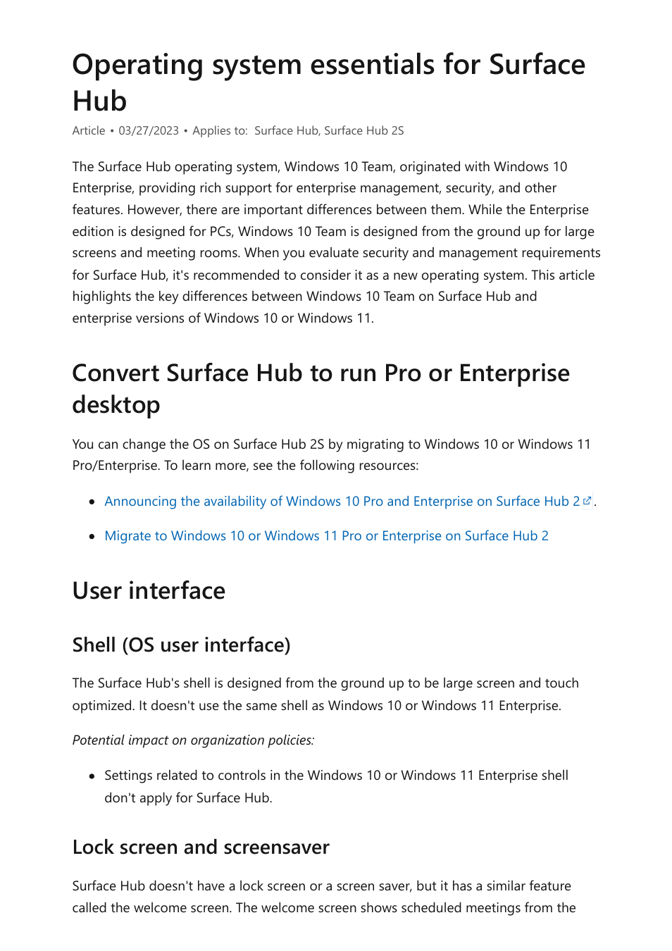 Operating system essentials, Operating system essentials for surface hub | Microsoft Surface Hub 2 SmCamera User Manual | Page 208 / 572