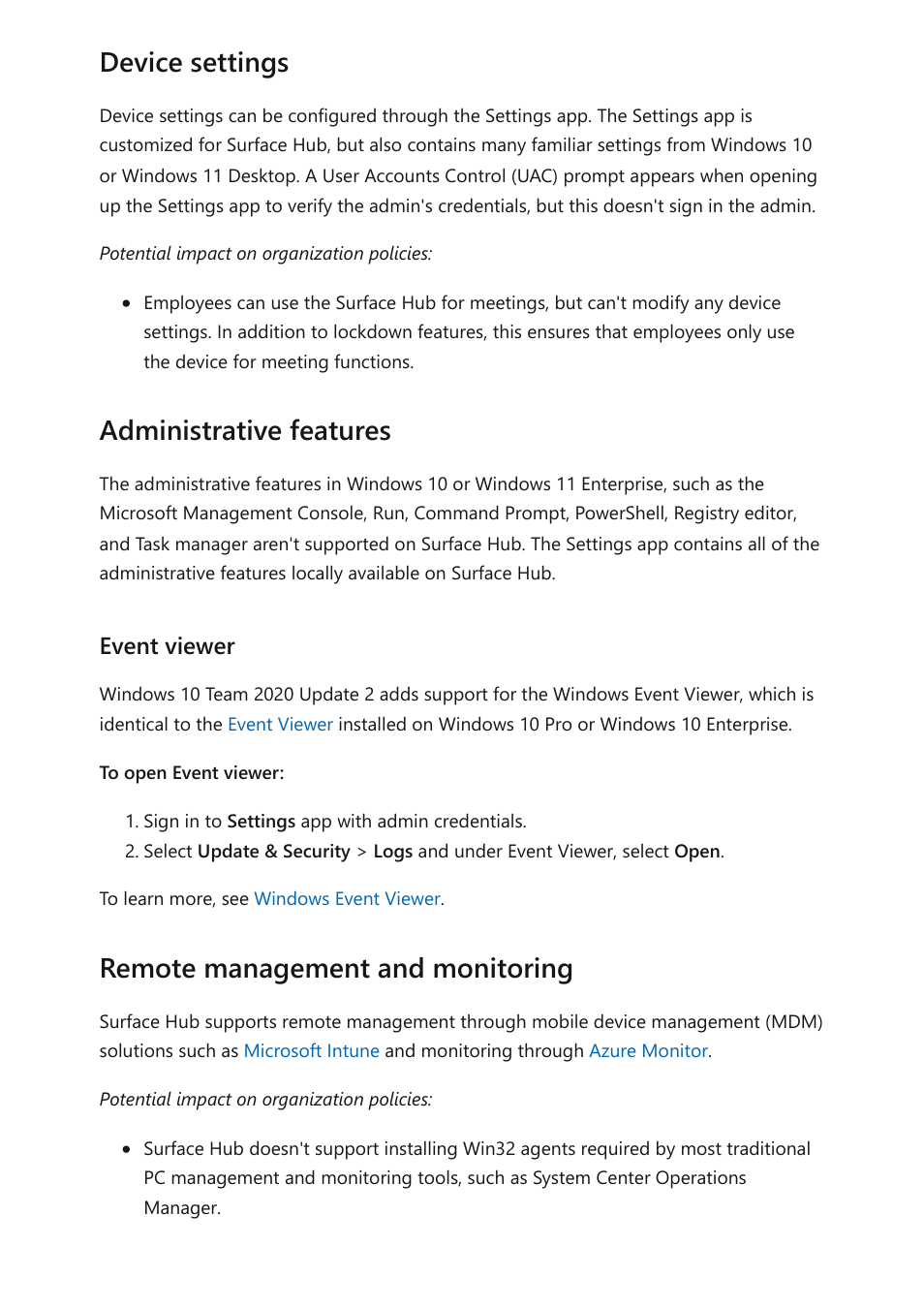 Device settings administrative features, Remote management and monitoring, Event viewer | Microsoft Surface Hub 2 SmCamera User Manual | Page 212 / 572