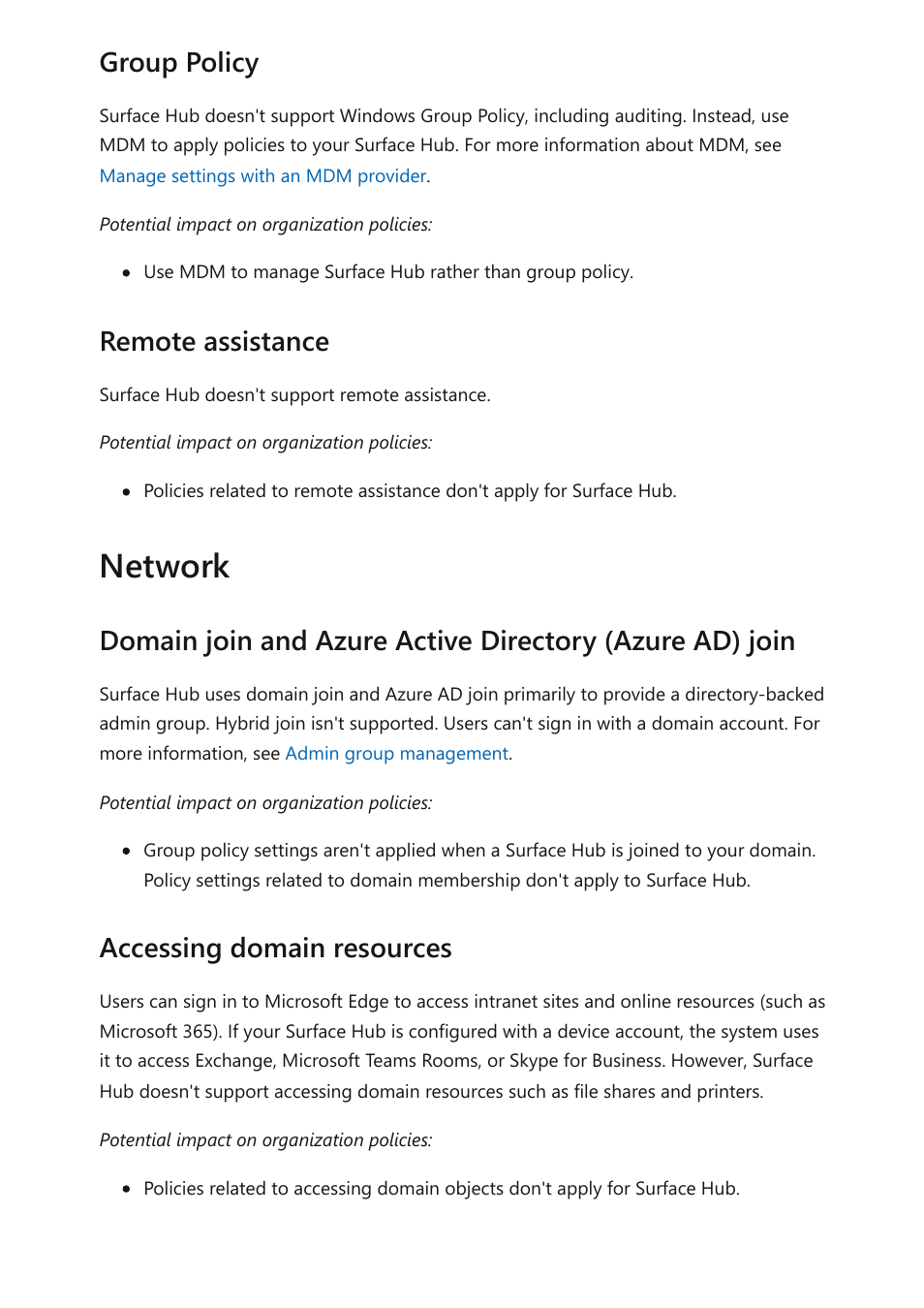 Network, Group policy remote assistance | Microsoft Surface Hub 2 SmCamera User Manual | Page 213 / 572