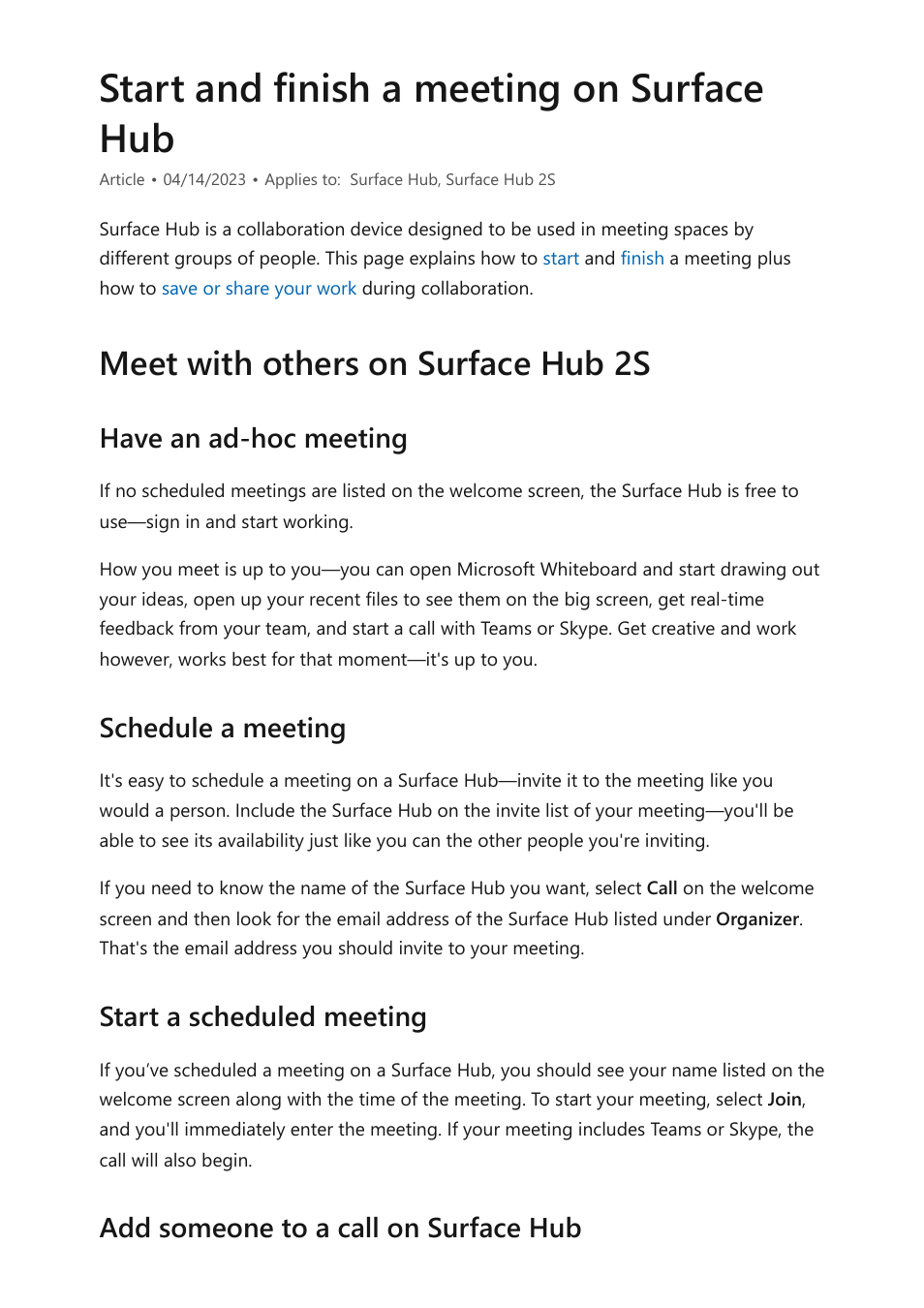 Start and finish a meeting, Start and finish a meeting on surface hub, Meet with others on surface hub 2s | Microsoft Surface Hub 2 SmCamera User Manual | Page 217 / 572