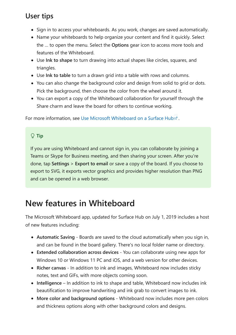 New features in whiteboard, User tips | Microsoft Surface Hub 2 SmCamera User Manual | Page 224 / 572