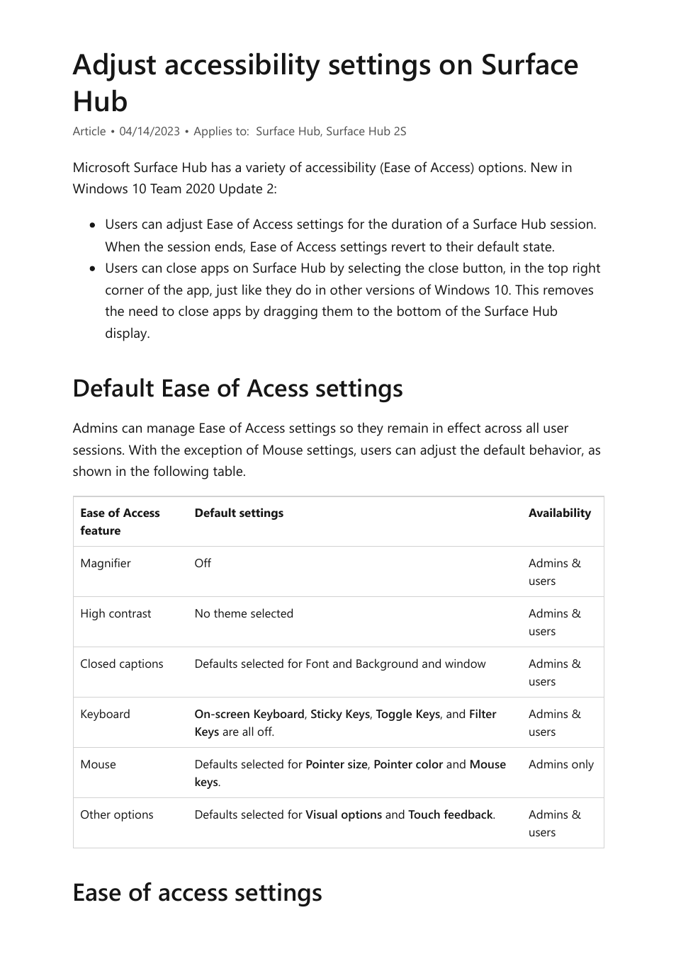 Adjust accessibility settings, Adjust ease of access settings on surface hub, Adjust accessibility settings on surface hub | Microsoft Surface Hub 2 SmCamera User Manual | Page 226 / 572