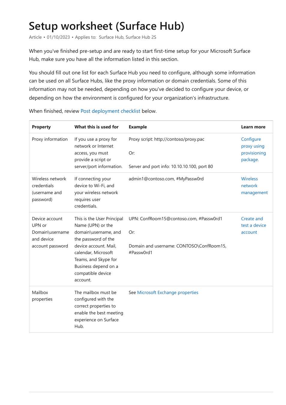Setup worksheet, Setup worksheet (surface hub) | Microsoft Surface Hub 2 SmCamera User Manual | Page 23 / 572