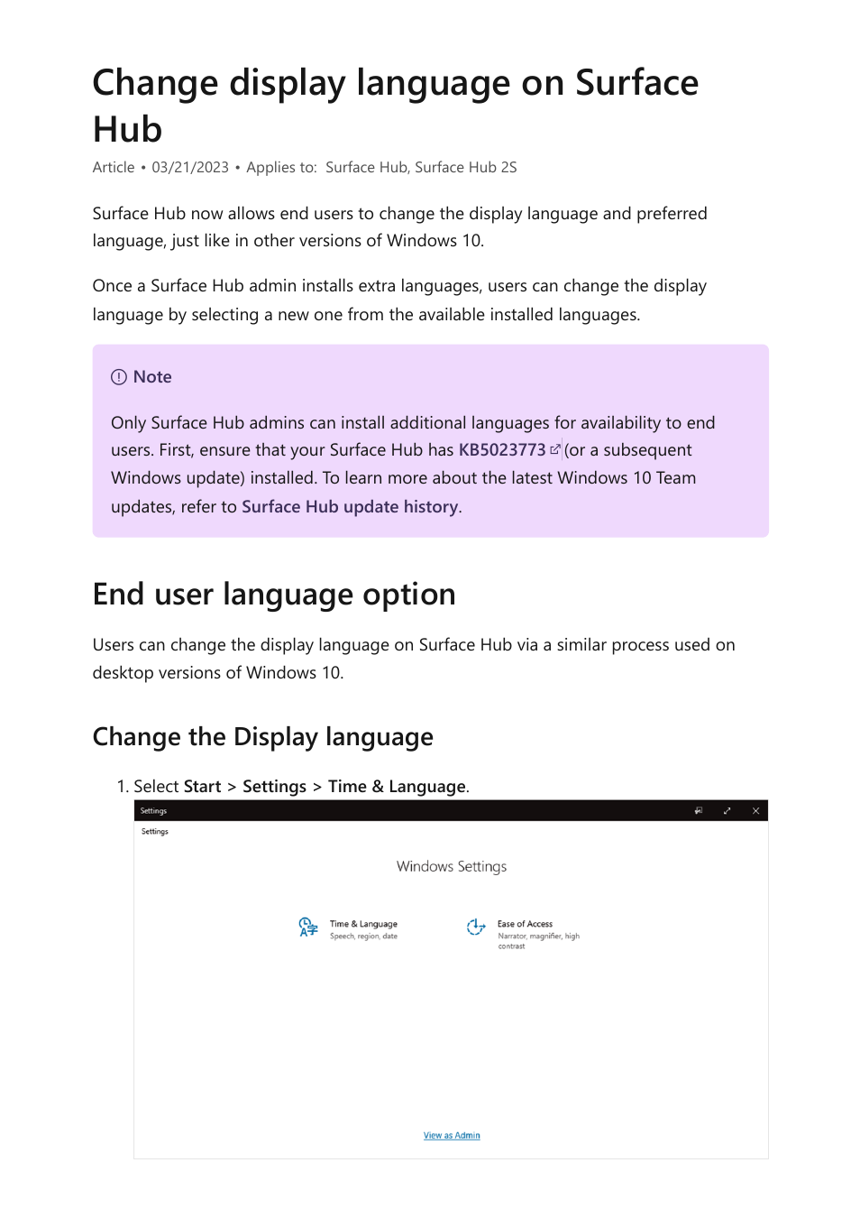 Change display language, Change display language on surface hub, Can change the | Display language, End user language option, Change the display language | Microsoft Surface Hub 2 SmCamera User Manual | Page 235 / 572