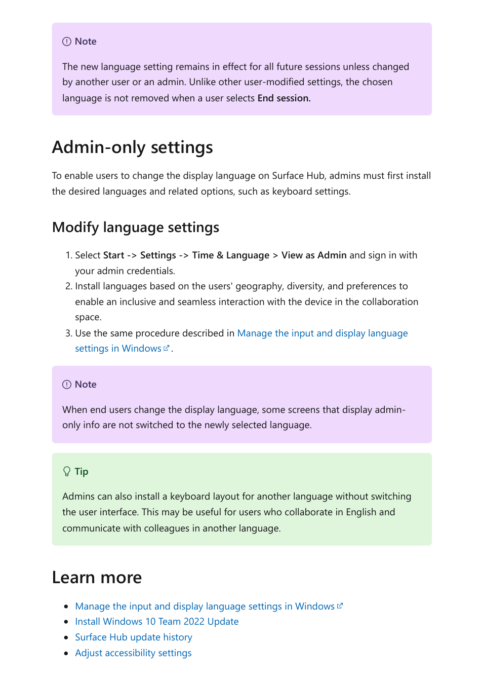Admin-only settings, Learn more, Modify language settings | Microsoft Surface Hub 2 SmCamera User Manual | Page 237 / 572