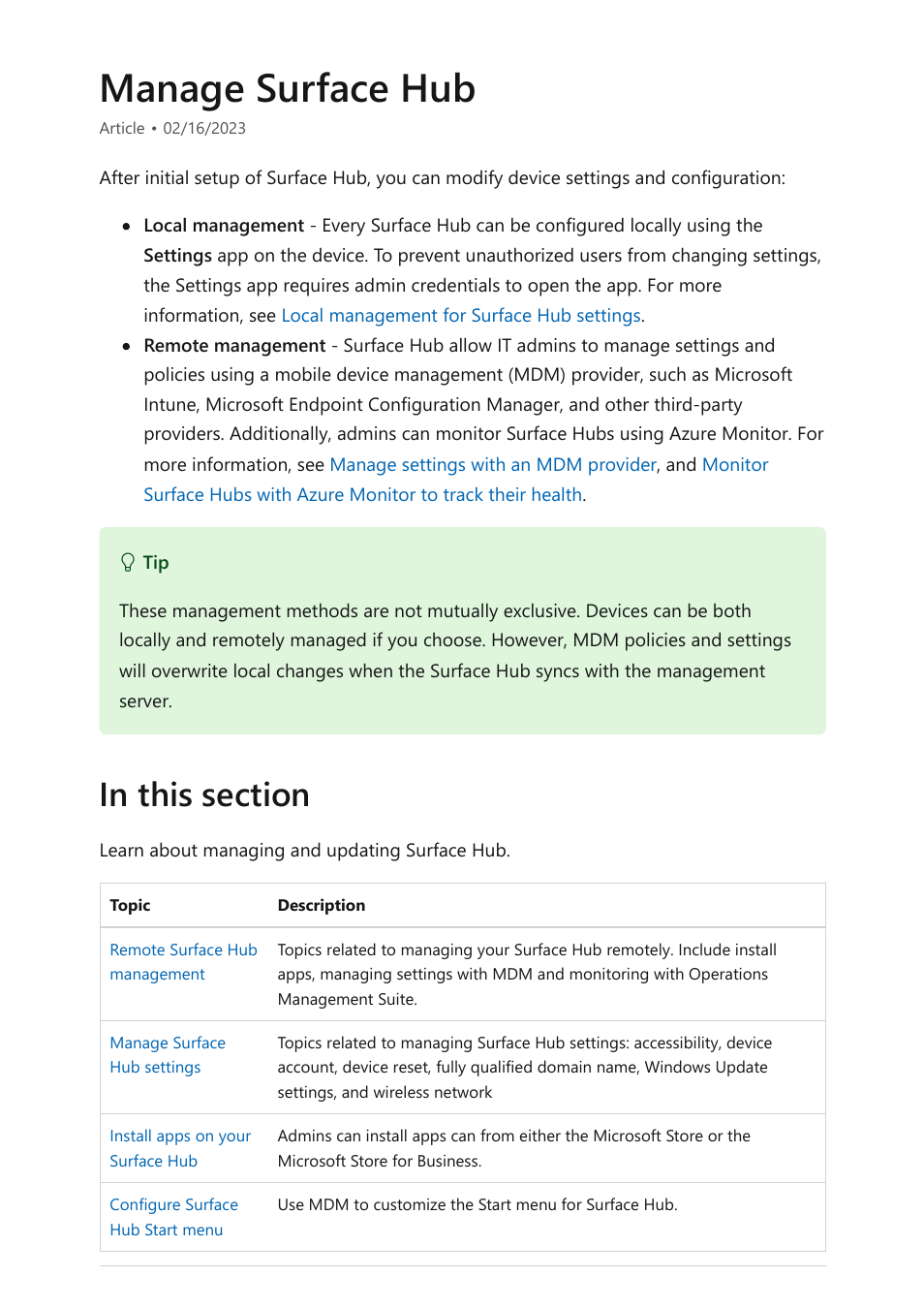 Manage microsoft surface hub, Manage surface hub | Microsoft Surface Hub 2 SmCamera User Manual | Page 242 / 572