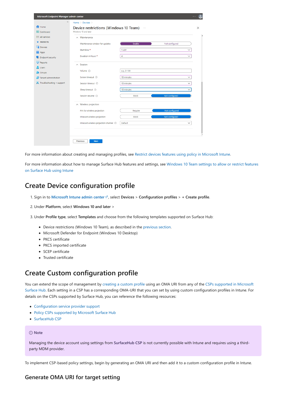 Shown below, Create device configuration profile, Create custom configuration profile | Generate oma uri for target setting | Microsoft Surface Hub 2 SmCamera User Manual | Page 245 / 572